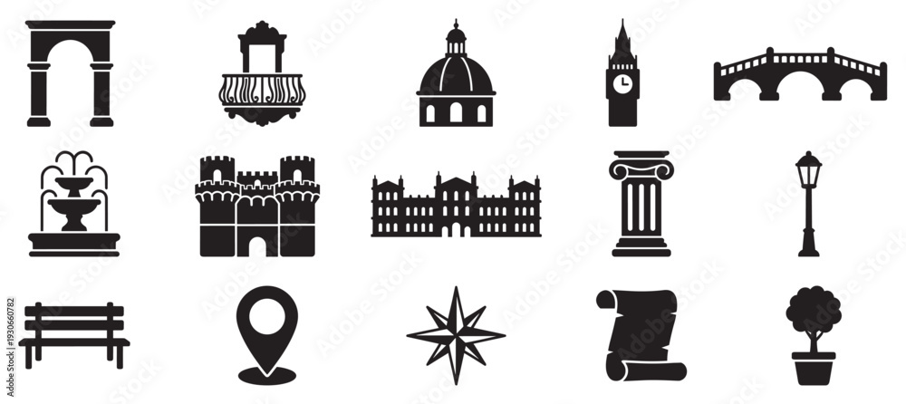 Fototapeta premium Travel and architecture icons set in a clean, modern, and versatile silhouette style for various design projects.