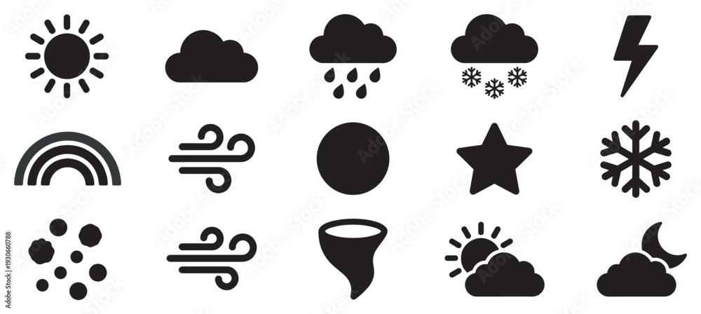 Fototapeta premium Weather icons collection featuring various meteorological symbols and atmospheric phenomena like sun, clouds, rain, snow, and wind.