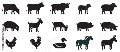 Farm animal silhouettes collection featuring various livestock and poultry species such as cows, sheep, goats, pigs, chickens, ducks, horses, and donkeys.