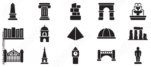 Various famous architectural landmarks and historical monuments are depicted as black silhouette icons on a clean graphic design.