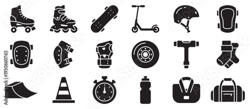 Skating equipment icons collection featuring various gear for rollerblading, skateboarding, and scootering activities.