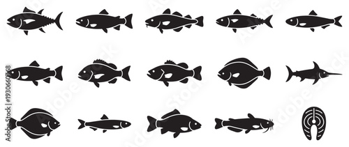 Diverse collection of fish icons illustrating various aquatic species and seafood for culinary and marine concepts.