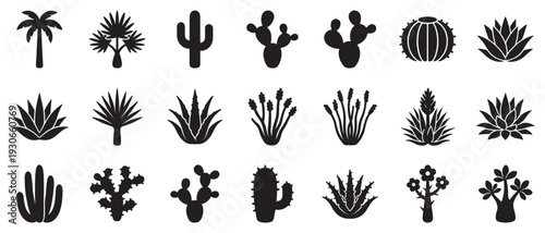 Various desert plants and succulent icons provide a comprehensive set of botanical symbols for diverse design projects.