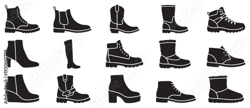 Different types of boots, footwear, and shoes are displayed in a comprehensive collection of various styles and designs.