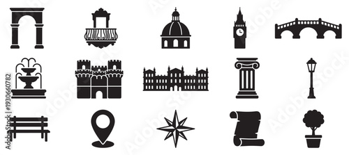 Travel and architecture icons set in a clean, modern, and versatile silhouette style for various design projects.