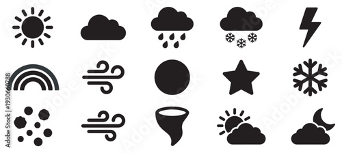 Weather icons collection featuring various meteorological symbols and atmospheric phenomena like sun, clouds, rain, snow, and wind.
