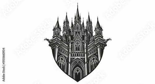 Detailed black and white illustration of a gothic castle with gargoyles