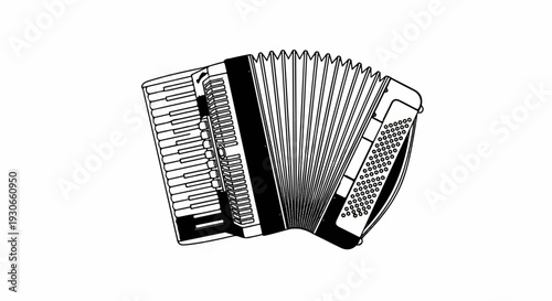 Detailed black and white illustration of a musical instrument with keys and bellows