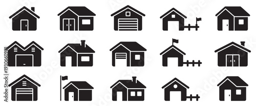 Various house icons representing different residential buildings and real estate concepts in a simple silhouette style.