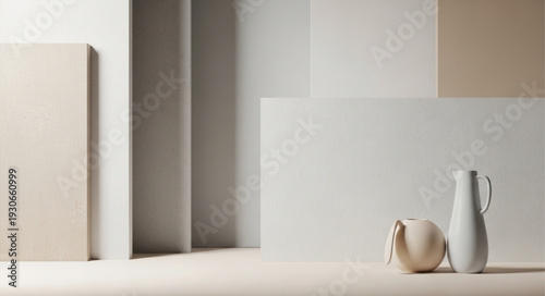 Minimalist still life with ceramic pitcher and bowl.