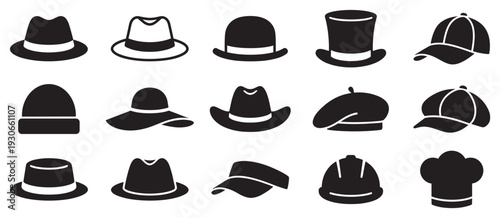 Different types of hats and headwear icons collection in a black silhouette style representing various fashion and professional head coverings.