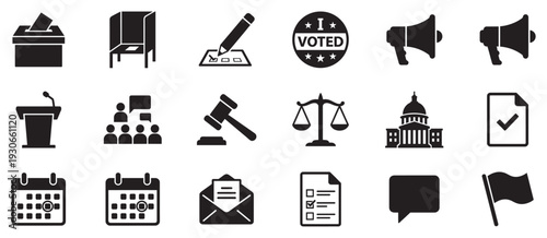 Government, politics, and election related icons set representing various aspects of democracy, law, and public participation in a modern society.
