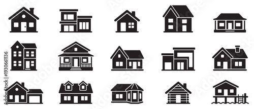 Collection of various residential houses and building icons representing real estate, property, and urban development concepts.