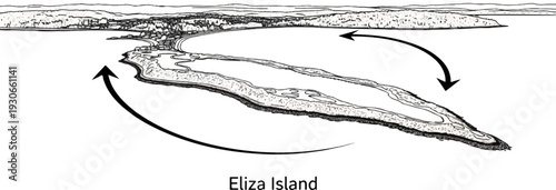 Detailed illustration of a long, narrow island with curved arrows showing water currents