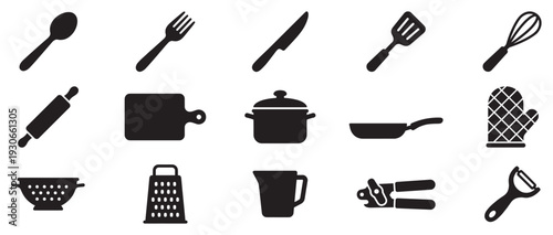 Kitchen utensils and cooking tools collection of various essential items for meal preparation and culinary activities in a modern home.