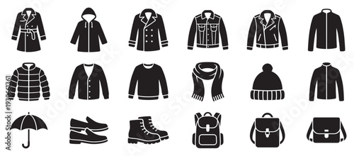 Clothing and fashion accessories icons set illustrating various garments and items for different weather conditions.