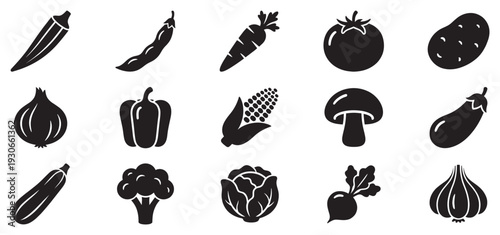 Various vegetable icons representing healthy food and fresh produce for cooking, nutrition, and market concepts.
