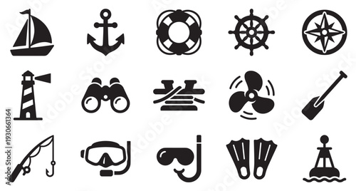Nautical marine sailing diving fishing icons collection representing various water activities, ocean adventures, and maritime themes.