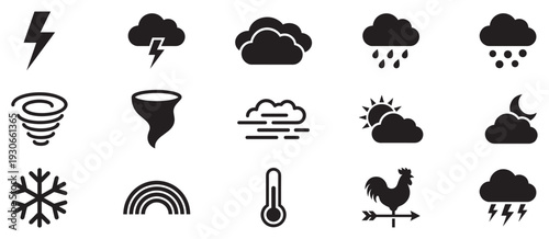 Weather icons set collection of meteorological symbols representing various atmospheric conditions and natural phenomena for forecasting applications.