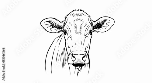 Detailed black and white line art sketch of a cow's head on a plain background