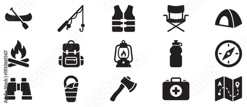 Camping and outdoor activity icons set in a collection illustrating various essential gear for adventure and wilderness exploration.