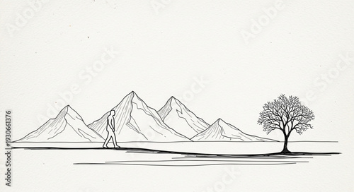 Hand drawn sketch of majestic mountains and a solitary tree.