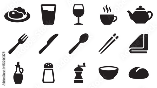 Food and dining icons set featuring various kitchenware, tableware, and meal items for restaurant and culinary themes.
