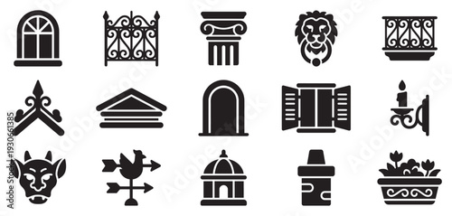 Architectural and decorative elements vector icons collection showcasing various building features and ornamental details for design projects.