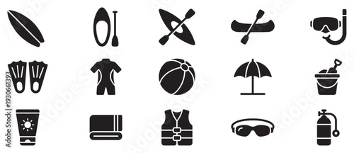 Beach and water sports activity icons collection depicting various summer vacation and aquatic recreation equipment.
