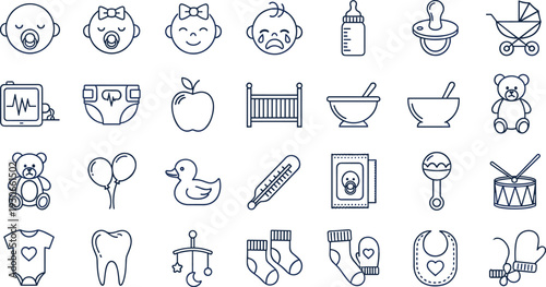 Baby Care Outline Icon Set Newborn Essentials Collection with Pacifier Bottle Crib Toys and Clothing Vector Line Icons