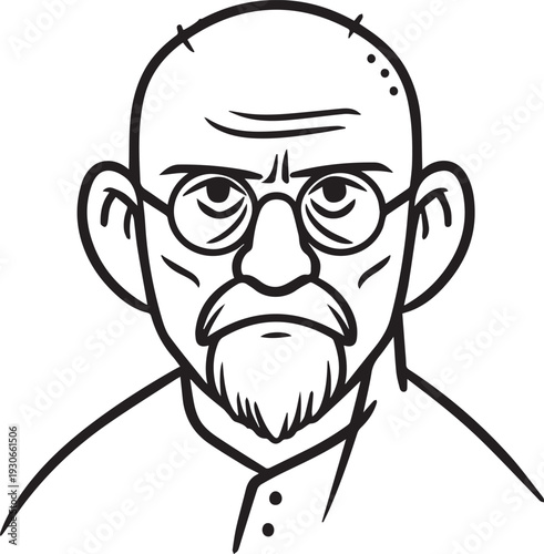 Hand Drawn Old Man Black and White Avatar Illustration in Minimal Line Art Style Design