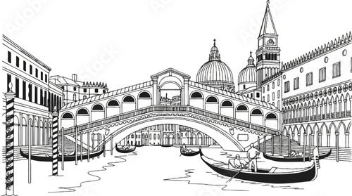 Detailed sketch of a grand arched bridge over a canal with gondolas and ornate buildings