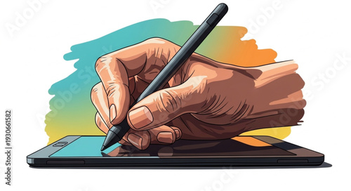 Hand holding stylus drawing on digital tablet screen.