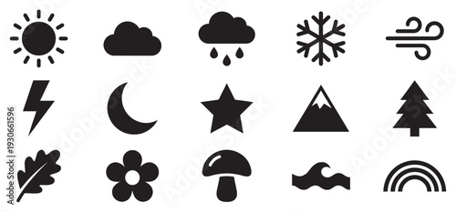 Simple nature and weather icons represent various natural elements and phenomena symbols in a clean, minimalist design.