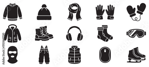 Winter clothing and accessories icons collection featuring essential gear for cold weather and outdoor activities, perfect for seasonal designs and graphic projects.