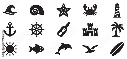 Sea and beach icons set featuring various summer and marine symbols for vacation and travel themes and designs.