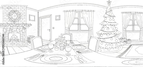 Dining room set for a holiday feast with a decorated Christmas tree and fireplace