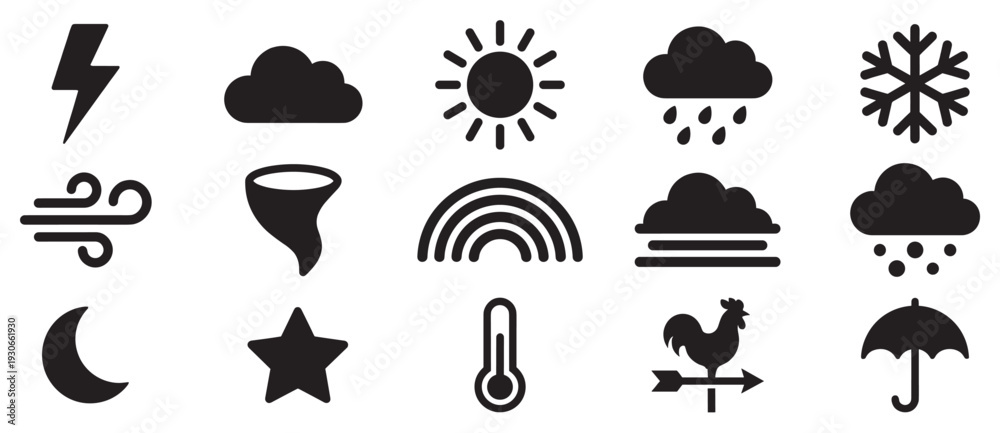 Naklejka premium Weather icons collection representing various meteorological conditions and atmospheric phenomena for forecasting and climate representation.