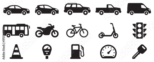 Transportation and road related icons set featuring various vehicles and traffic elements for modern digital design projects.