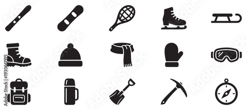 Winter sports and outdoor adventure equipment icons collection featuring various gear for cold weather activities and exploration.