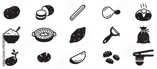 Potatoes, sweet potatoes, and various preparations are illustrated in this comprehensive collection of cooking and food icons.