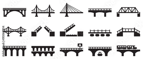 Various bridge icons representing different architectural styles and structures for transportation and infrastructure design.