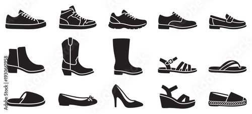 Various types of shoes and footwear collection icons representing different styles for men, women, and various occasions.
