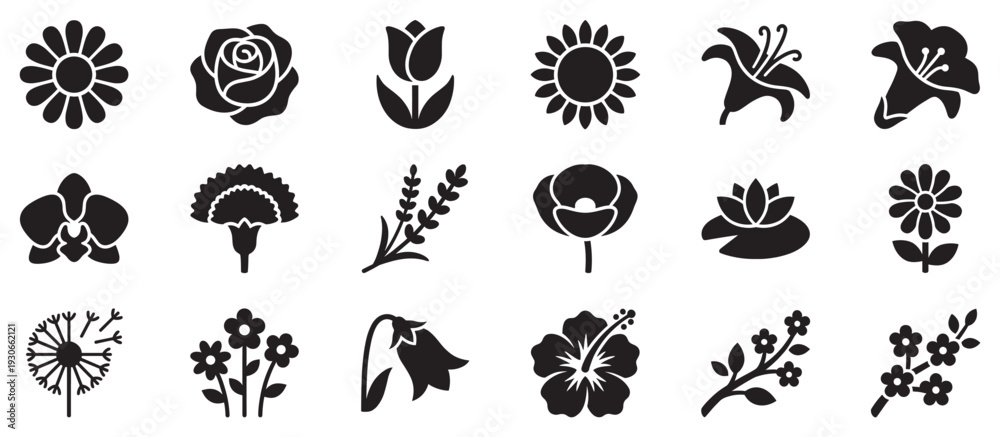 Obraz premium Elegant flower icons collection featuring a diverse range of beautiful botanical silhouettes perfect for various design projects and graphic elements.