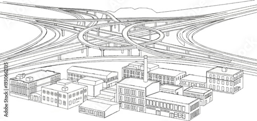 Complex highway interchange above industrial factory buildings