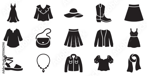 Women's clothing and accessories vector icons set representing various fashionable apparel and stylish items for everyday wear.