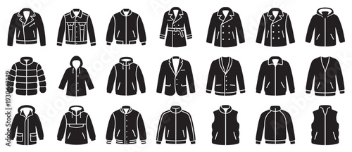 Collection of various men's outerwear jackets and coats presented as a comprehensive set of fashionable apparel icons for diverse styles.