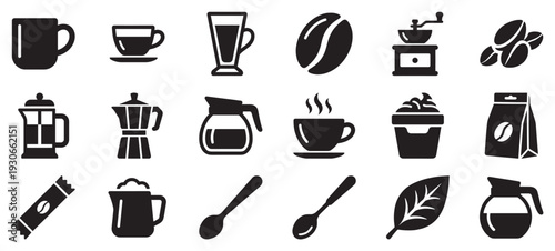 Collection of coffee icons featuring various brewing equipment and beverage elements, perfect for modern design projects.