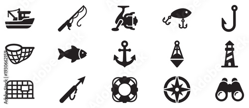 Fishing and nautical icons collection for marine adventure activities, representing various tools and symbols of the sea.