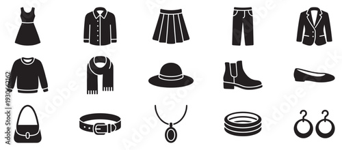 Fashion clothing and accessories icons set in a clean, modern silhouette style, perfect for web design and print media.